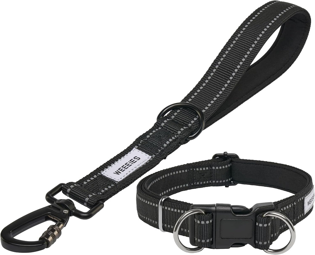Reflective Dog Leash with Adjustable Collar – Durable Short Nylon Lead with Padded Handle & Neoprene Lining for Medium and Large Dogs