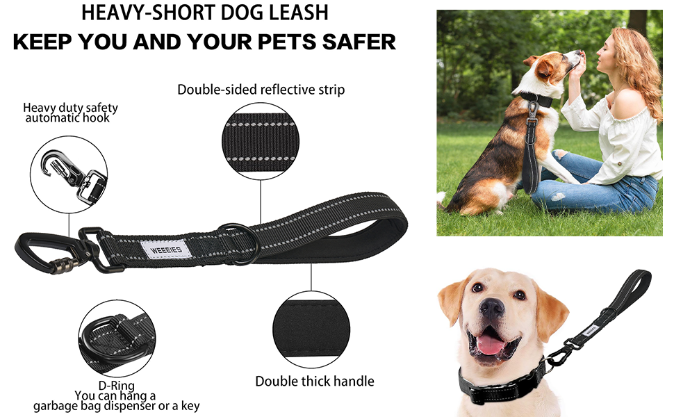 Reflective Dog Leash with Adjustable Collar – Durable Short Nylon Lead with Padded Handle & Neoprene Lining for Medium and Large Dogs